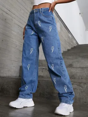 New Aesthetic Y2K Retro Fashion Thunder Print Straight Fit Baggy Denim Jeans For Women