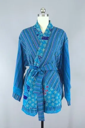 Ocean Blue Indian Silk Sari Kimono Cardigan Jacket