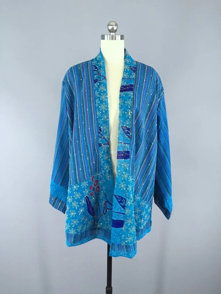 Ocean Blue Indian Silk Sari Kimono Cardigan Jacket