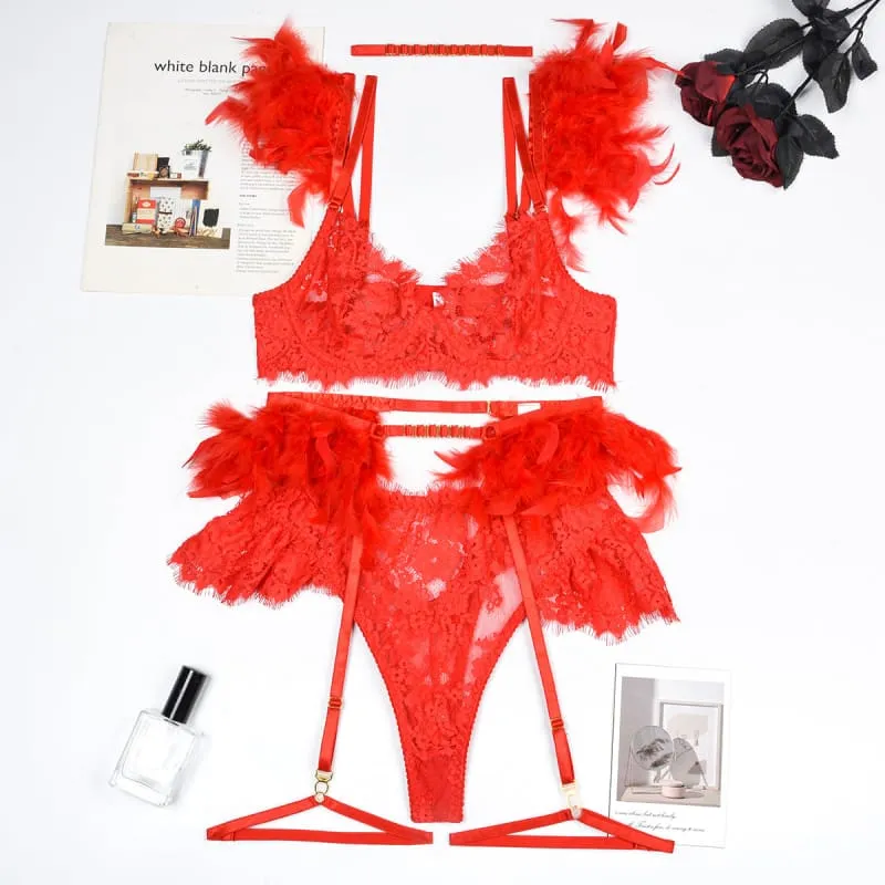 Ornate Feather and Lace Underwear Set for Elegant Lingerie Lovers