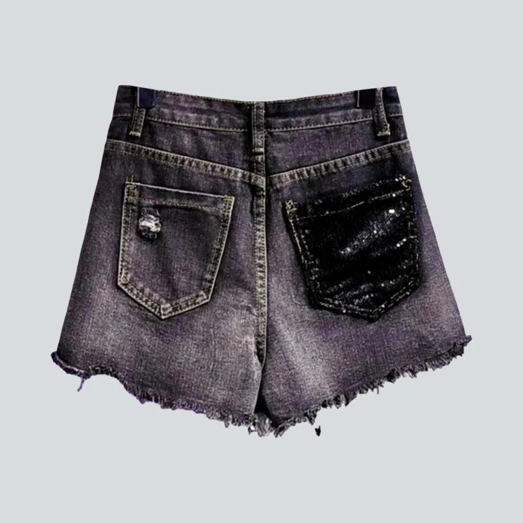 Painted dark distressed denim shorts