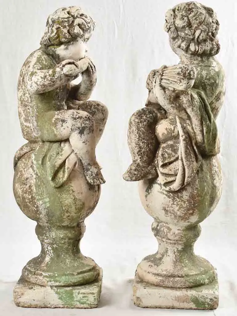 Pair of vintage French garden statues - angels playing flute & mandolin - 38½"