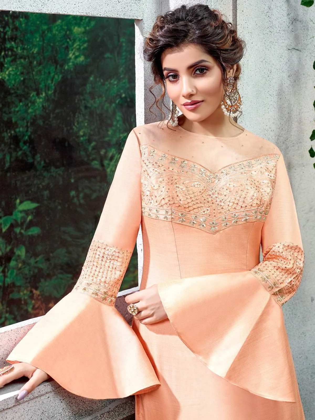 Peach Overall Zari Embroidered Designer Pakistani Palazzo Suit