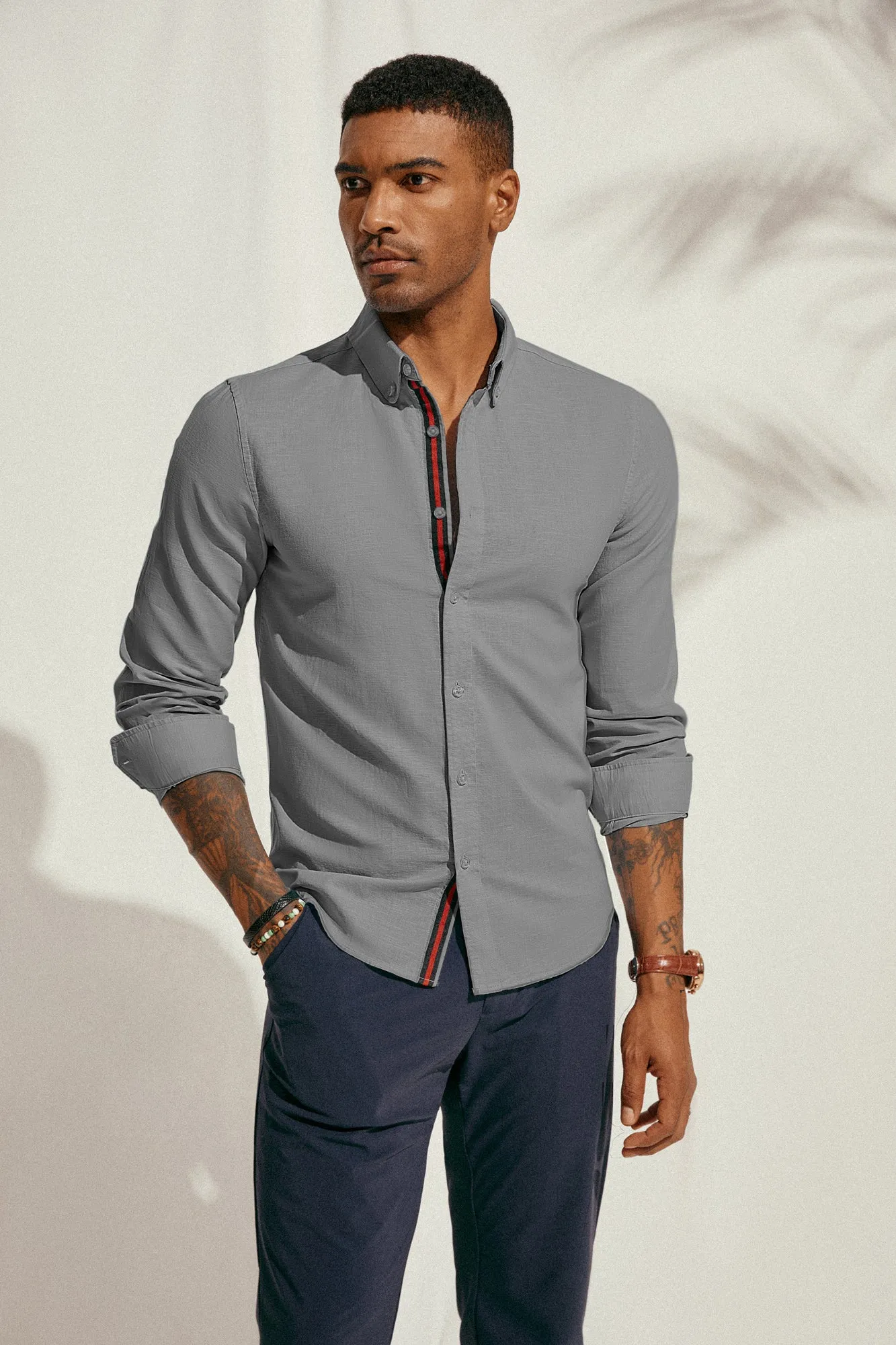 PJ Men Breathable Cotton & Linen Shirt Long Sleeve Button-Down Collar Tops