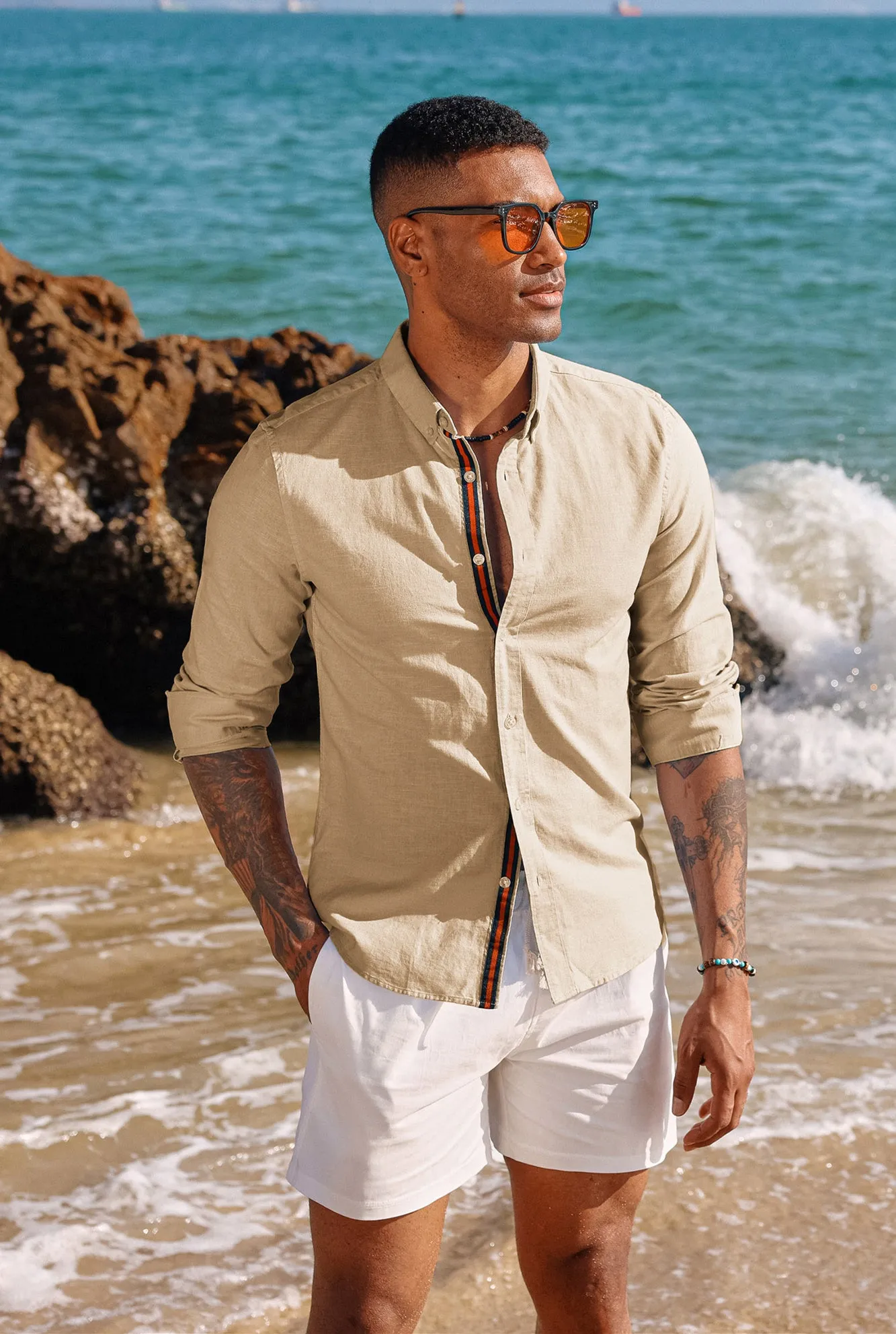 PJ Men Breathable Cotton & Linen Shirt Long Sleeve Button-Down Collar Tops