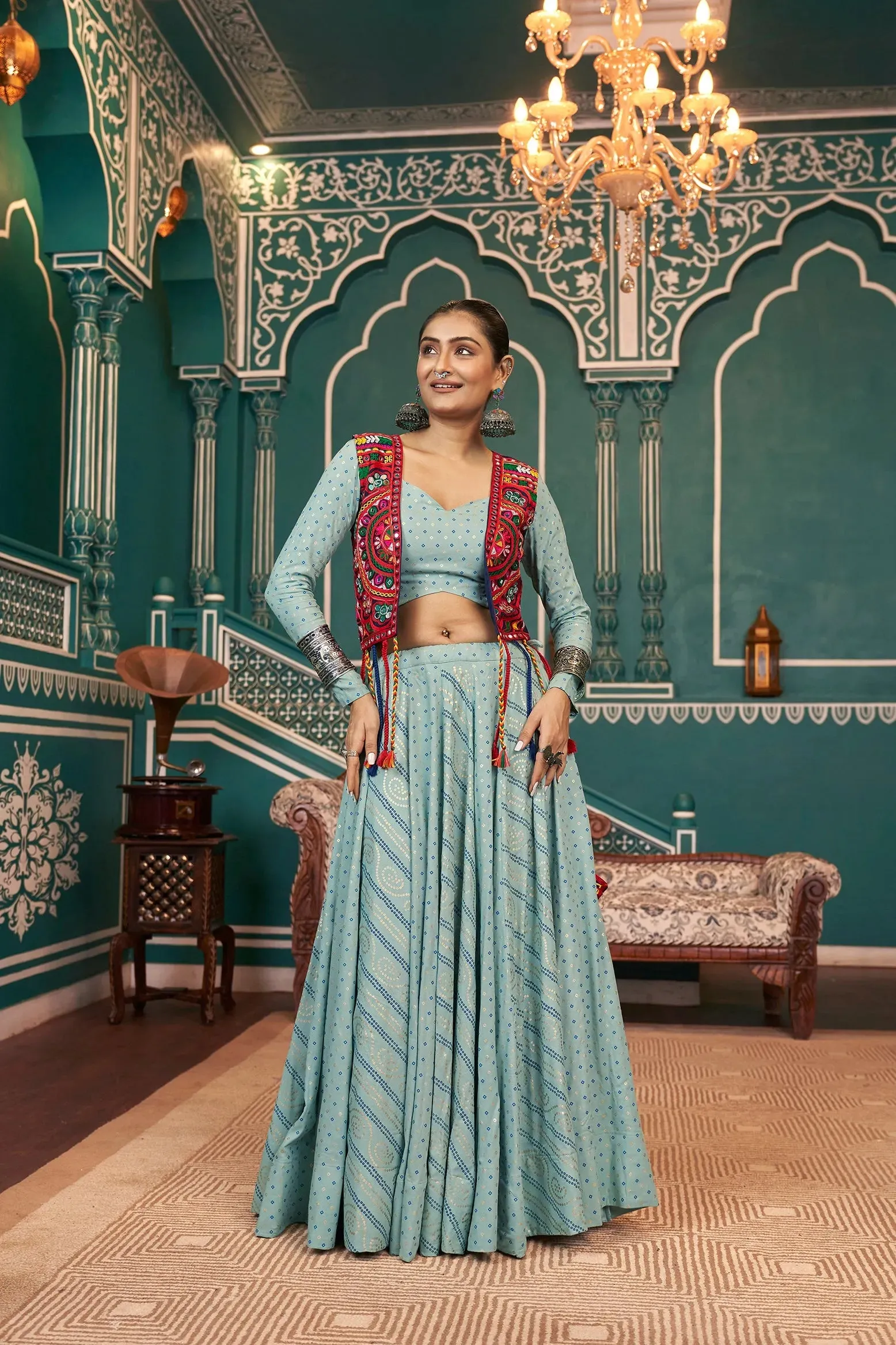 Pleasing Pista Green Rayon Navratri Jacket Lehenga Choli