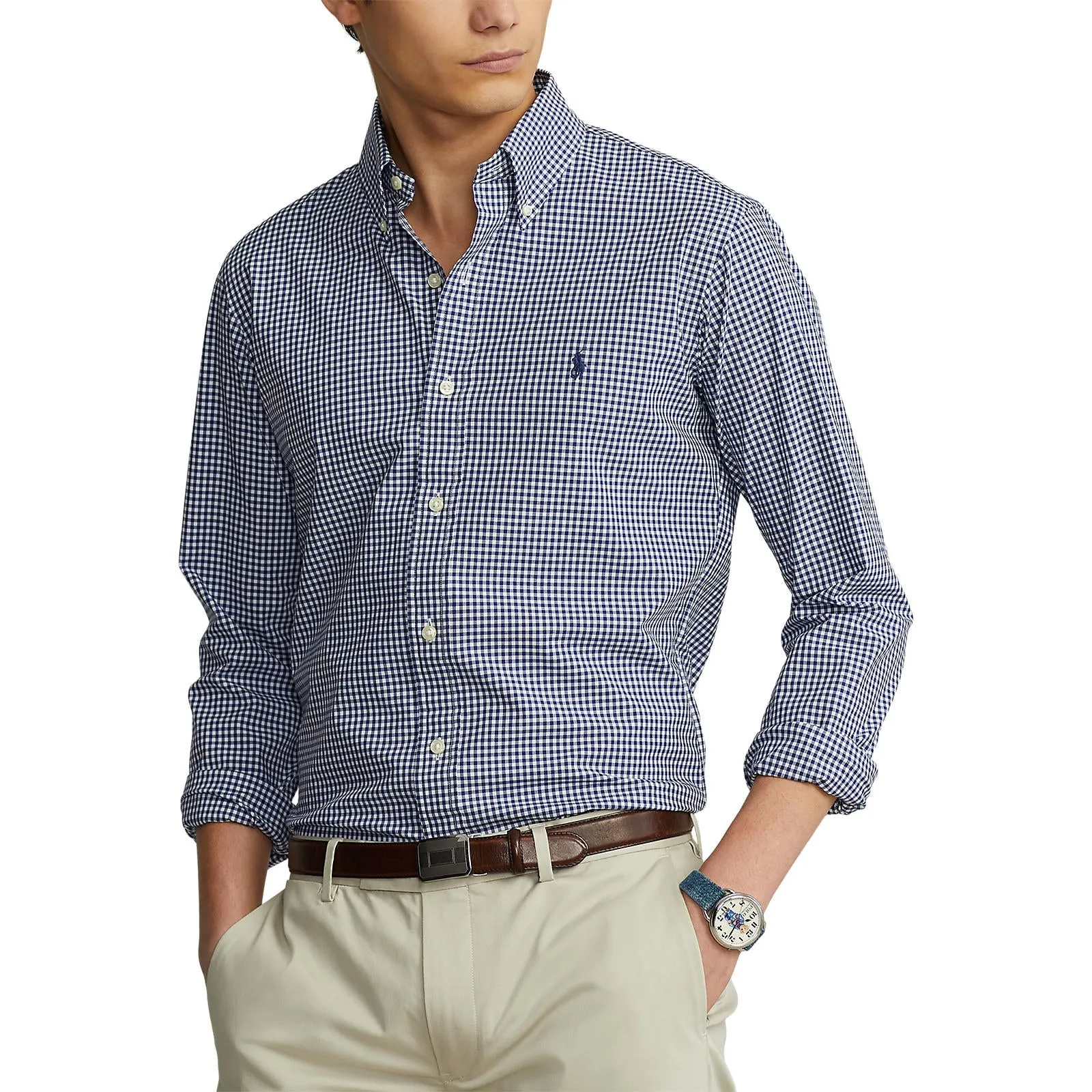 Poplin Stretch Custom Fit Shirt - Gingham  - Navy & White