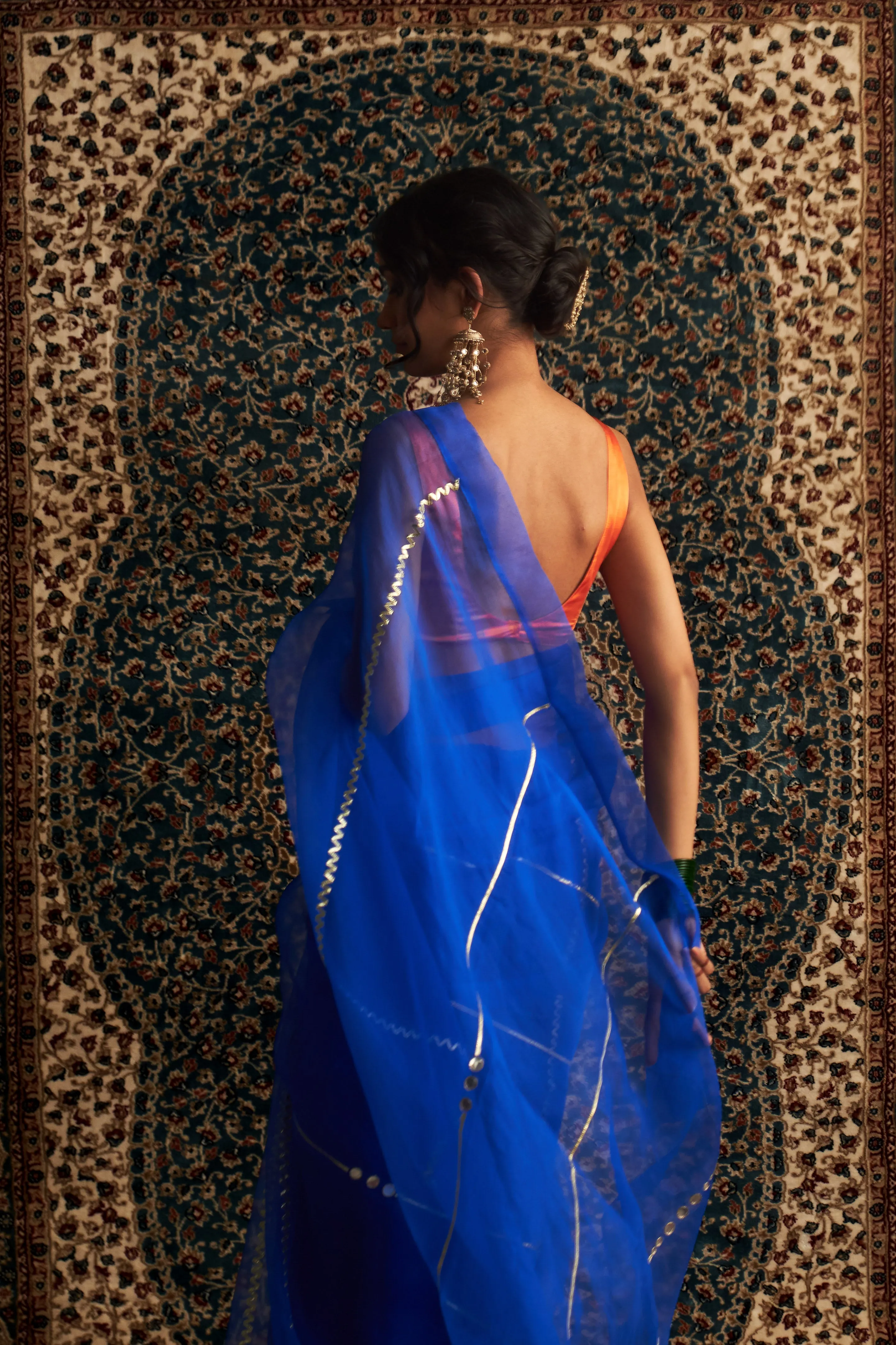 Prarambh Organza Saree& Contrast Sleeveless Blouse