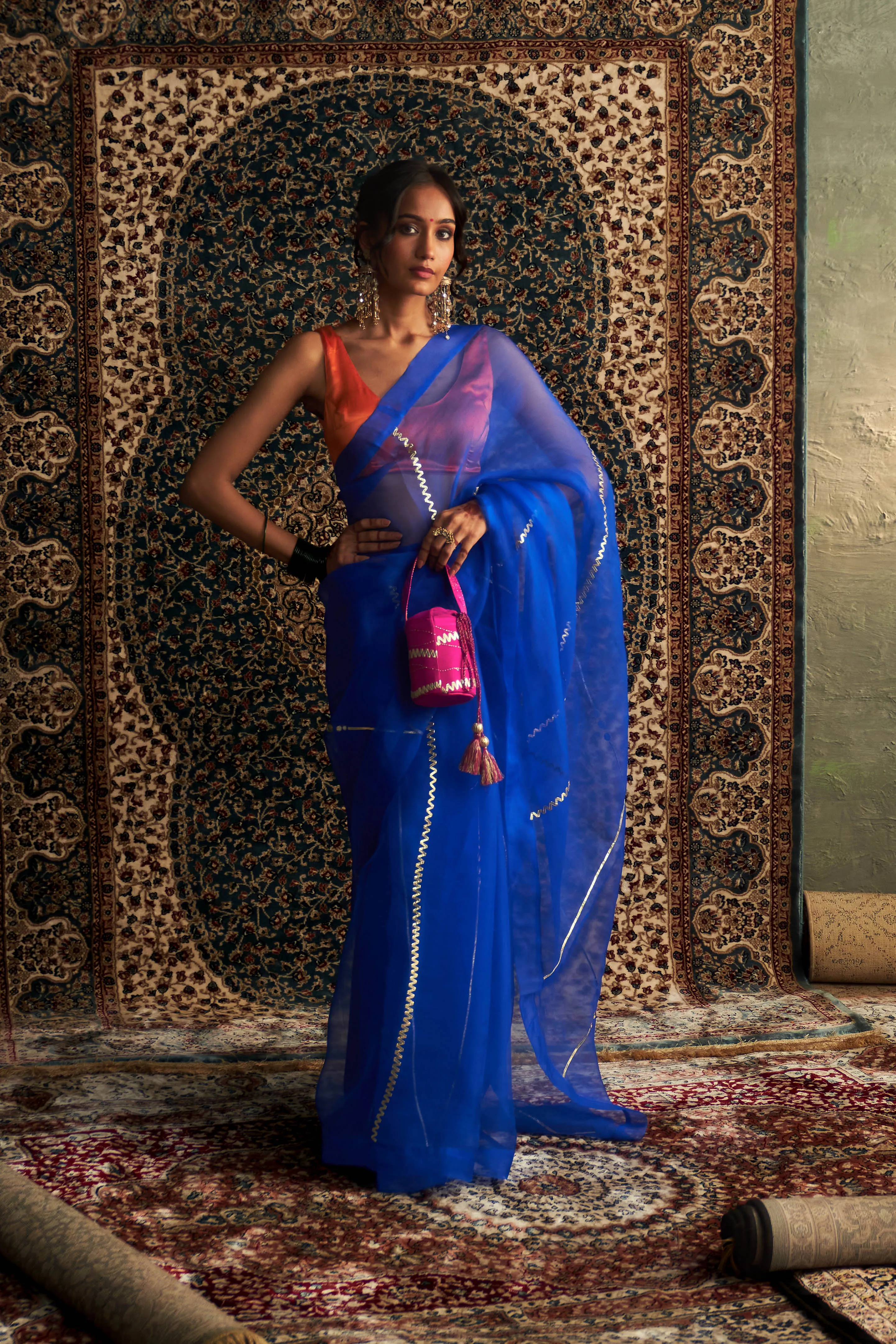 Prarambh Organza Saree& Contrast Sleeveless Blouse