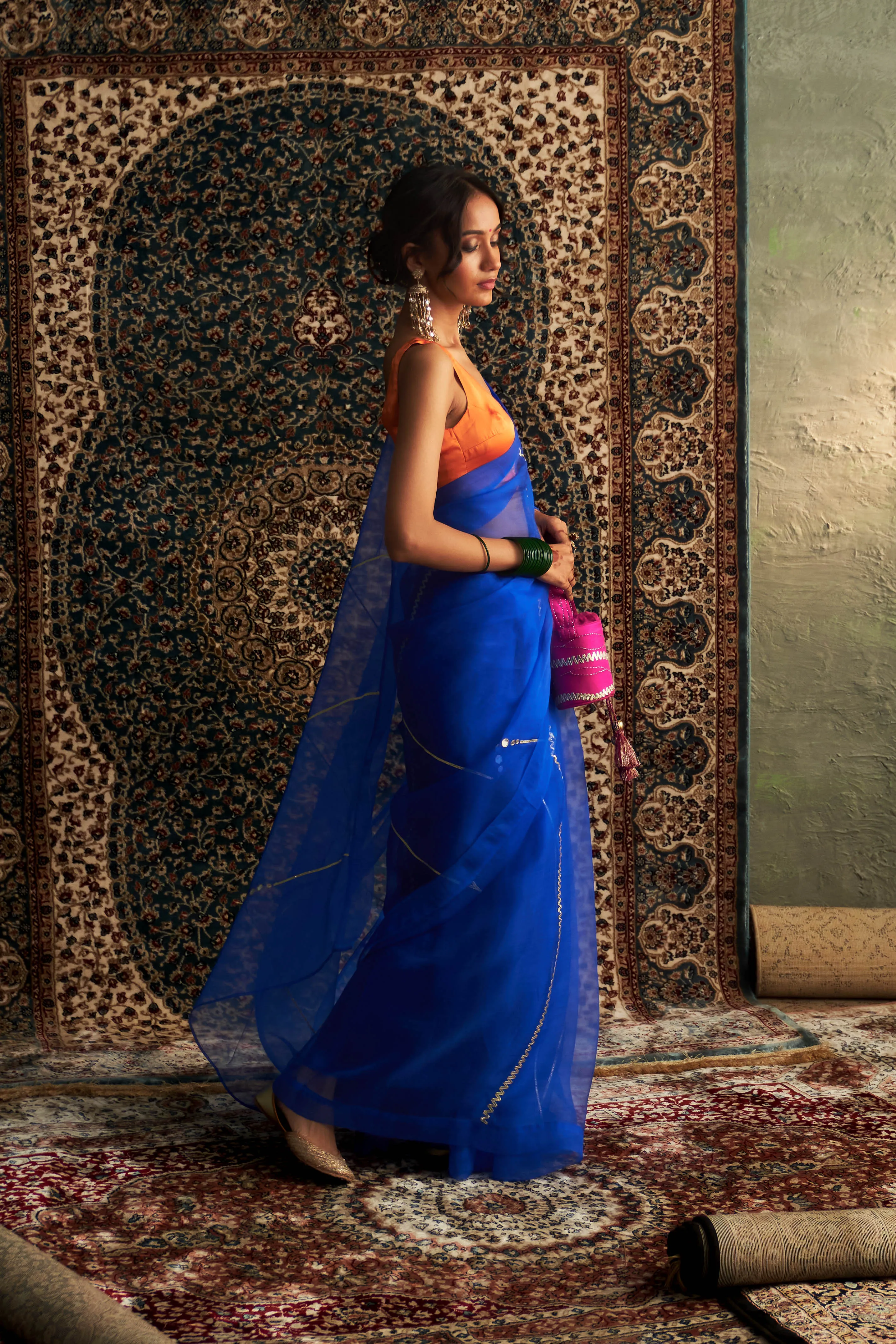 Prarambh Organza Saree& Contrast Sleeveless Blouse