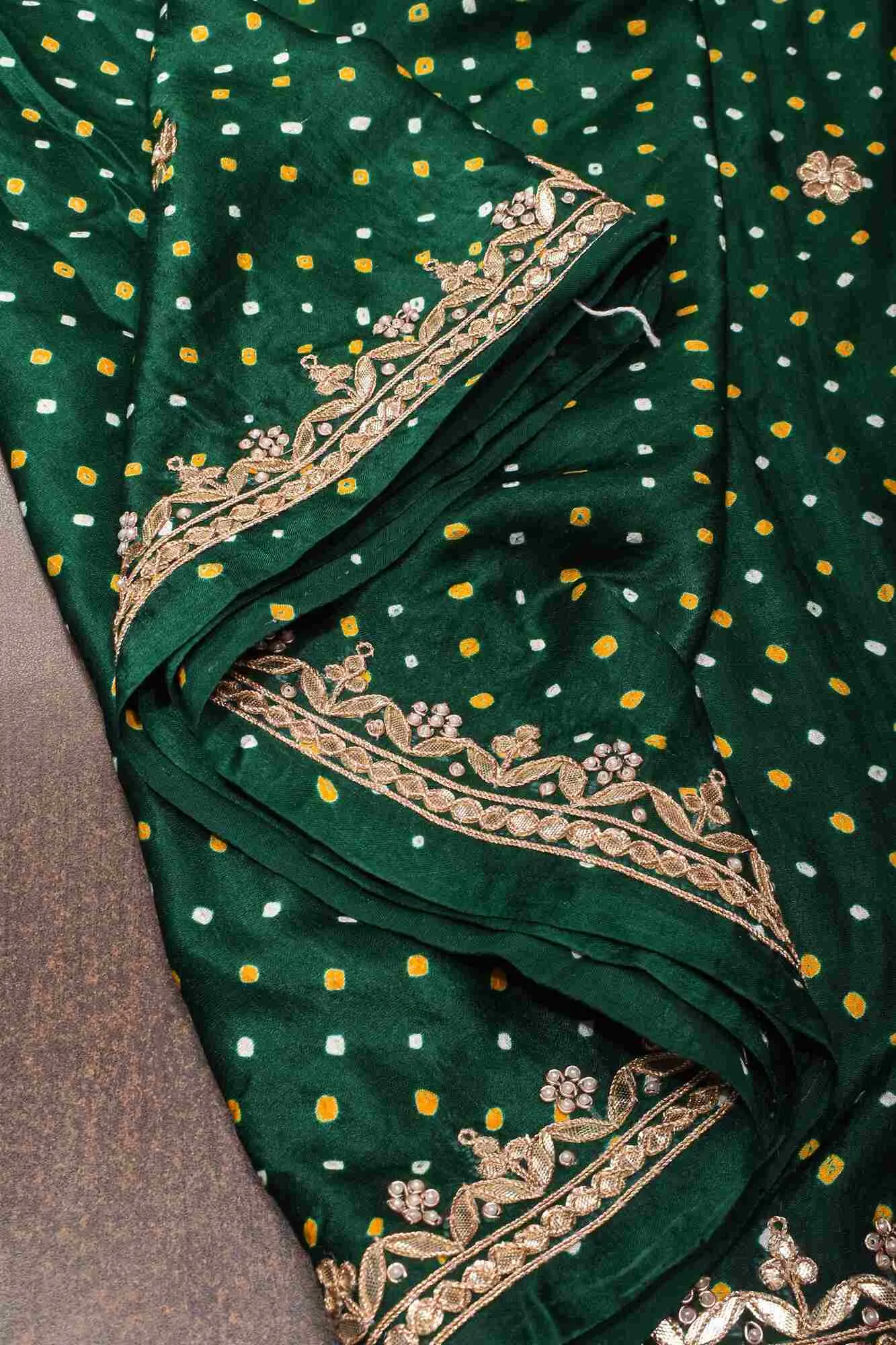 Pre Drape Hand Bandhej - Bandhni on Bottle Green modal silk saree with crushed tissue pallu and gotta patti border