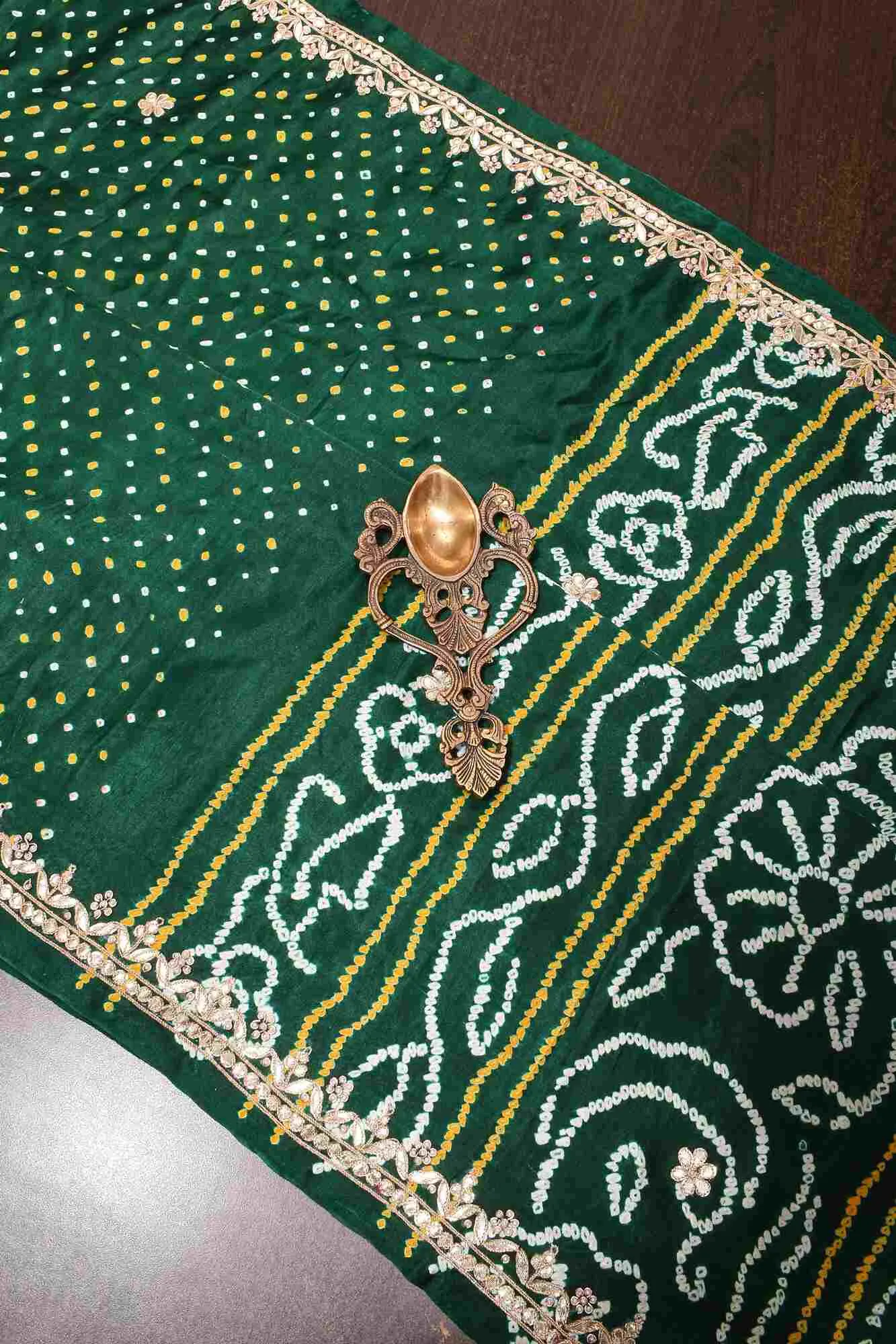 Pre Drape Hand Bandhej - Bandhni on Bottle Green modal silk saree with crushed tissue pallu and gotta patti border