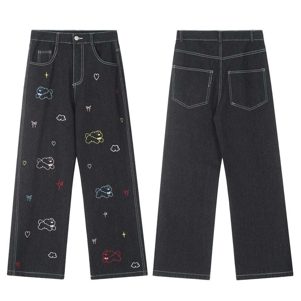 Puppy Embroidered Printed Denim Trousers Men