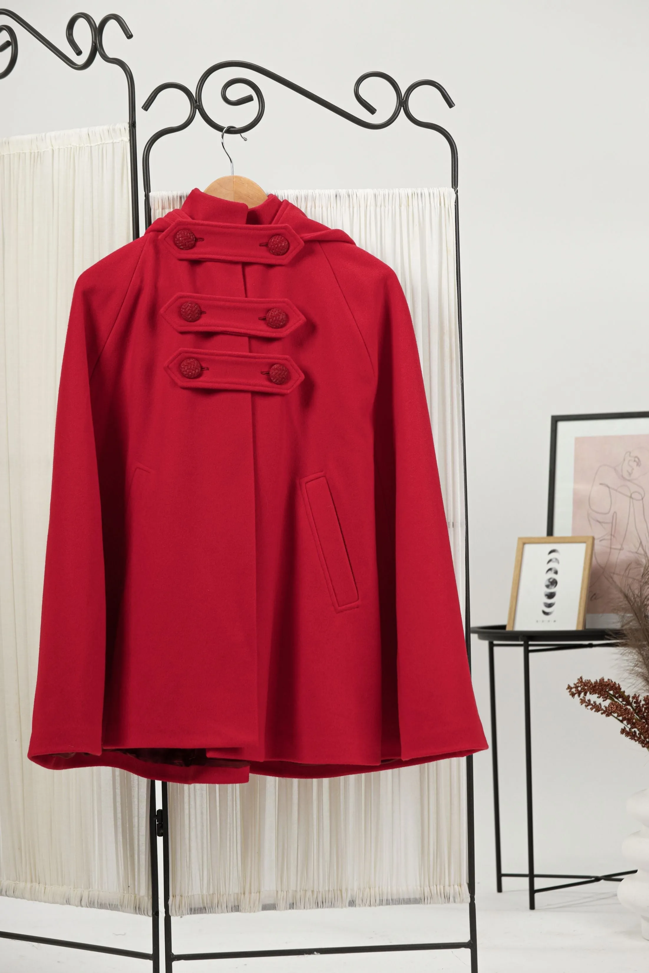 Raspberry Hooded Wool Cape Coat