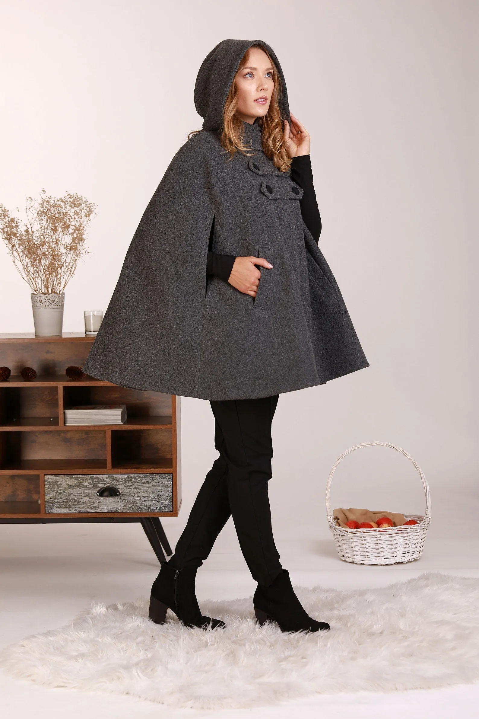 Raspberry Hooded Wool Cape Coat