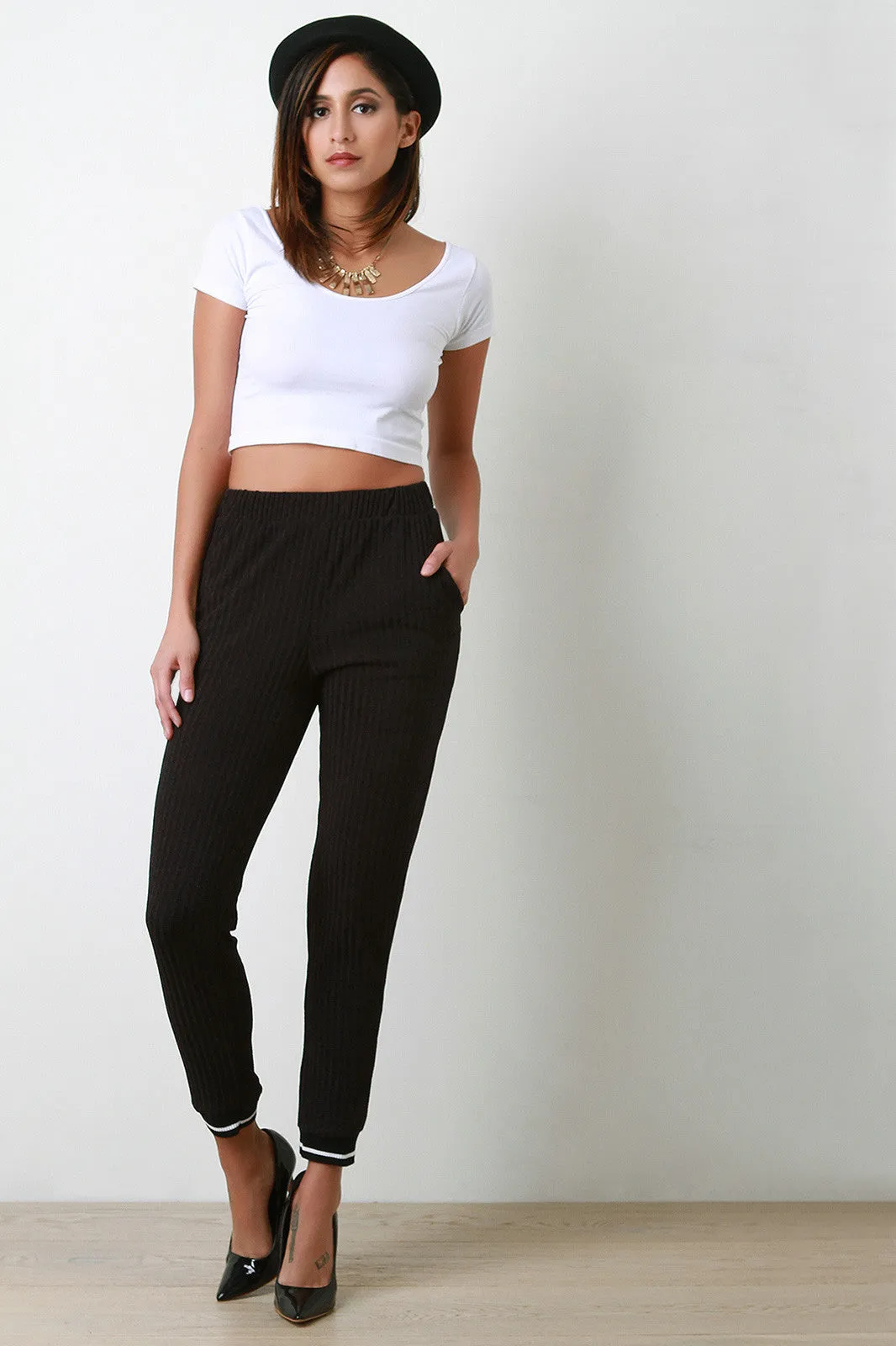 Rib Knit Stripe Hem Pocketed Jogger Pants