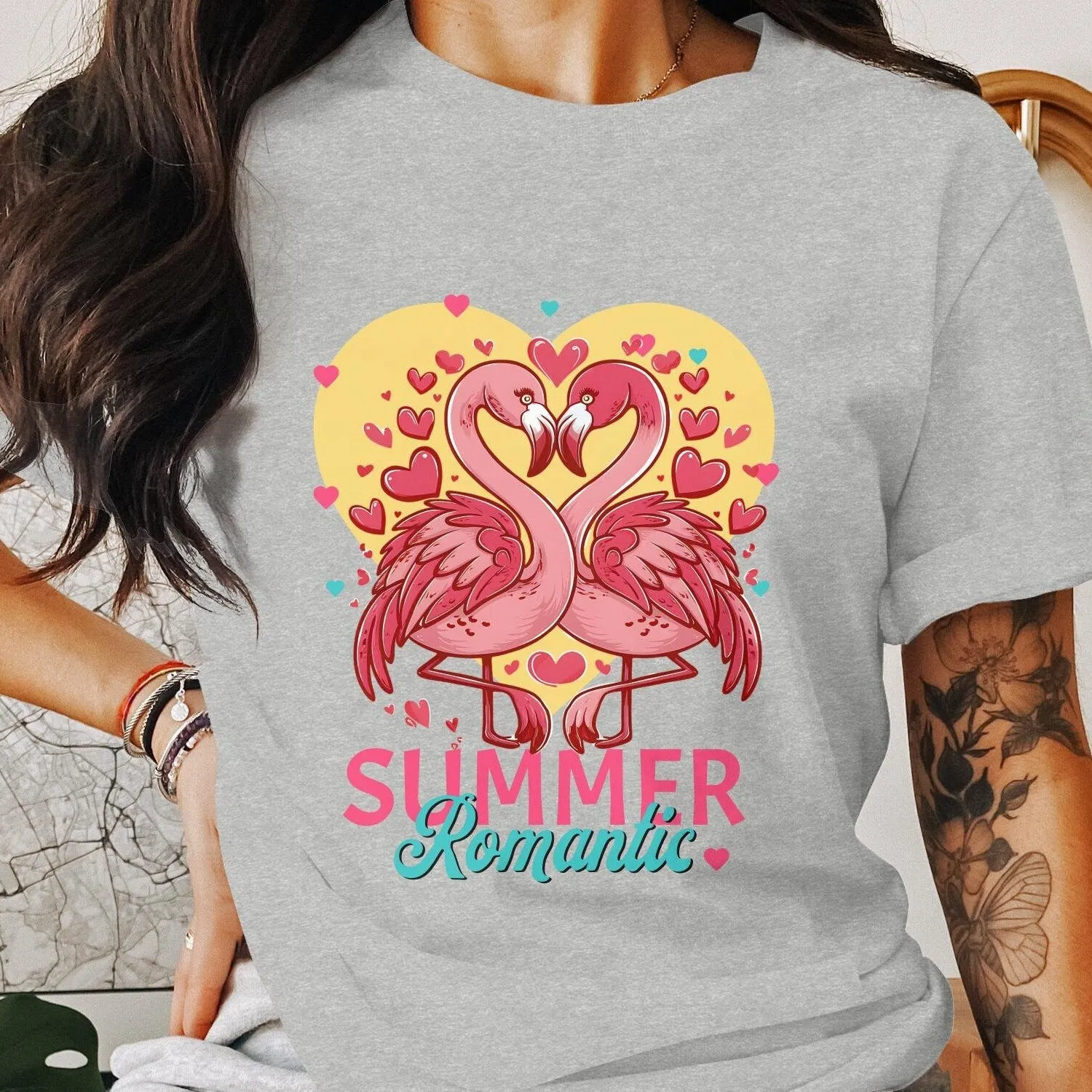 Romantic Flamingo T-Shirt, Summer Love Birds Tee, Pink Flamingo Heart Design, Couples Gift Idea, Honeymoon Shirts