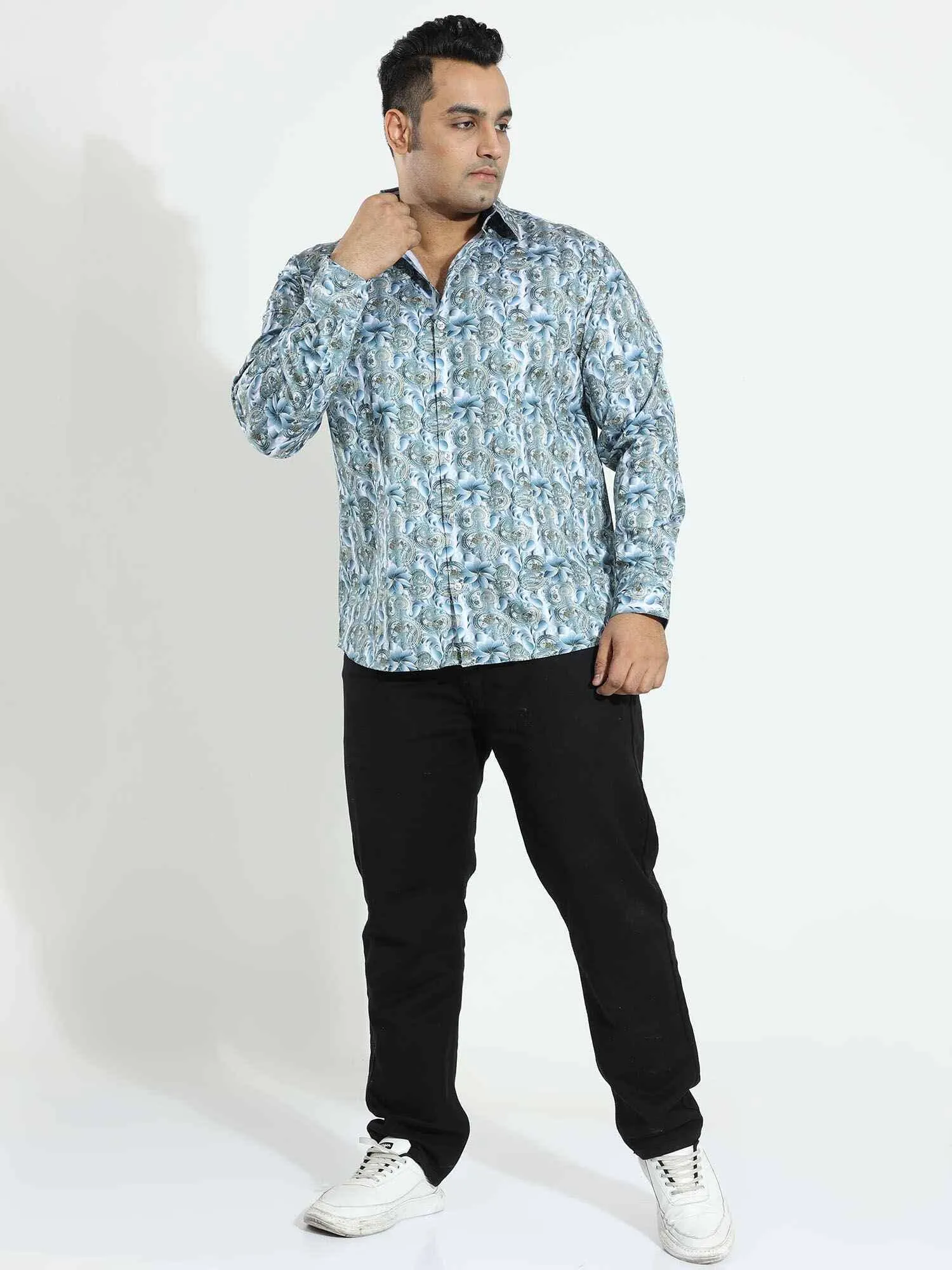 Royal White Blue Diamond Printed Silk Full Shirt Men's Plus Size