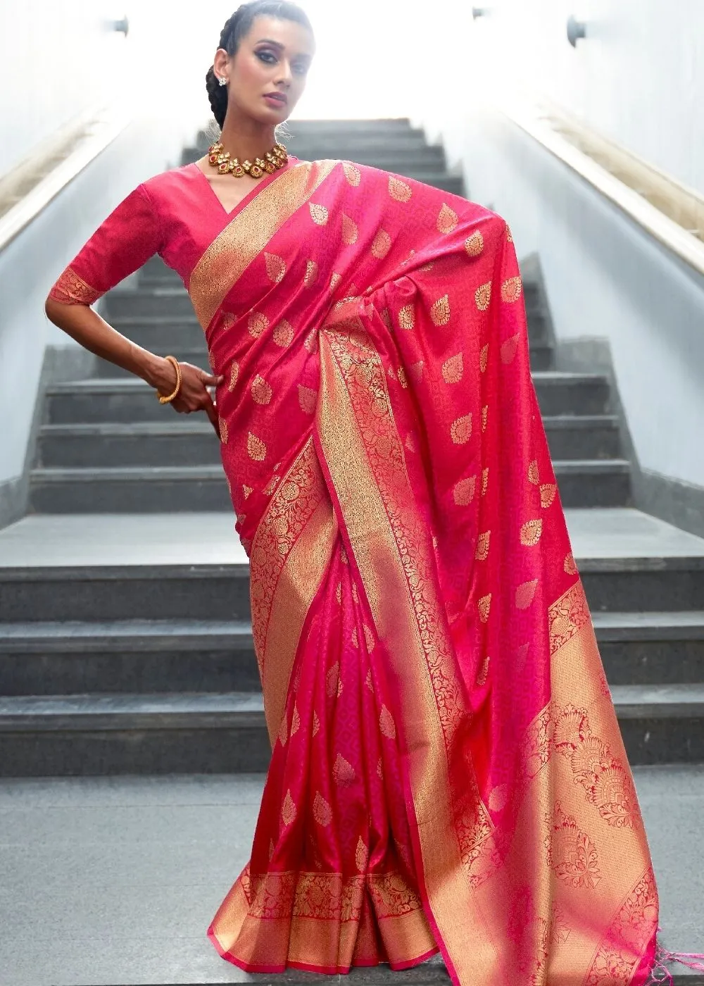 Ruby Pink Woven Banarasi Silk Saree with overall Butti