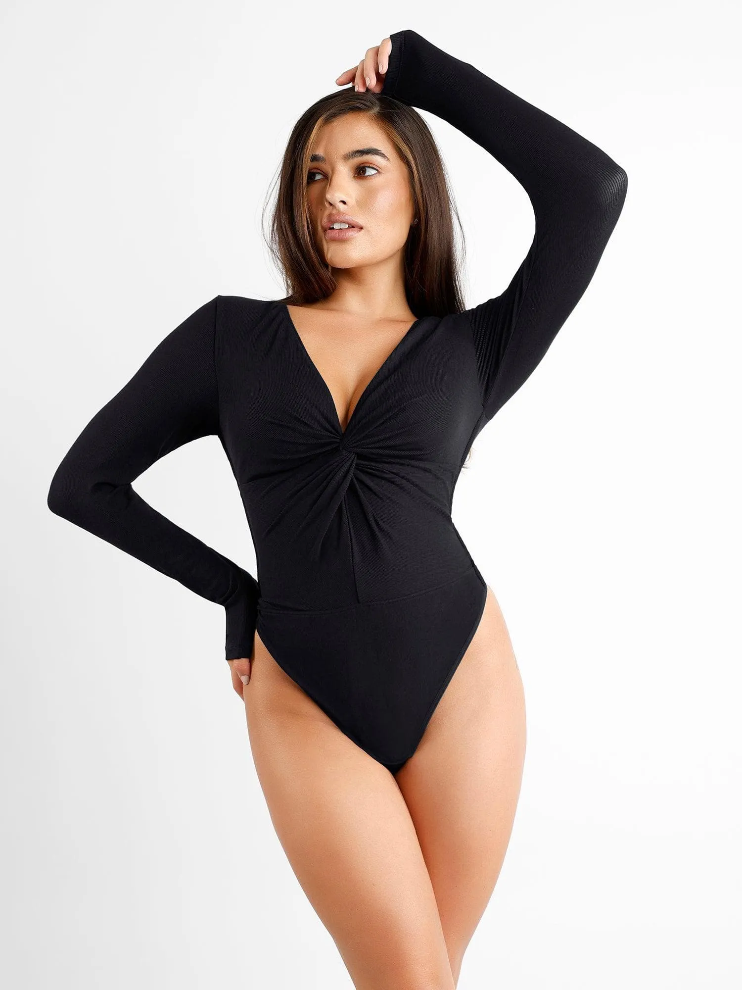 Shapewear Long Sleeve Twist Front Modal Thong Bodysuit