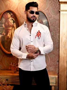 Shree Ram White Embroidered Designer Wear Satin Cotton Shirt