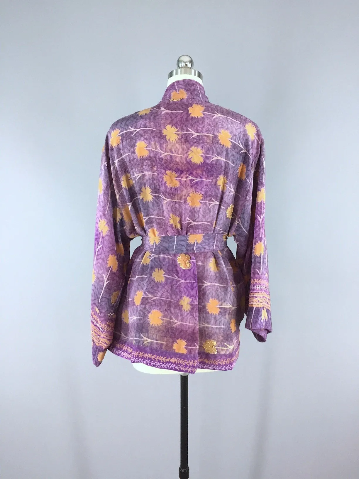 Silk Kimono Cardigan / Vintage Indian Sari / Purple & Orange Floral