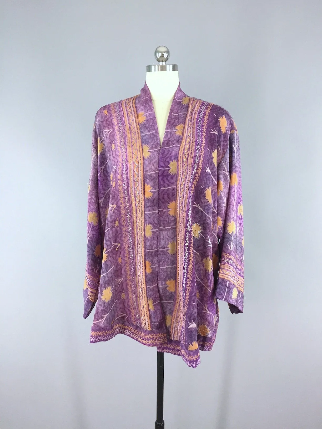 Silk Kimono Cardigan / Vintage Indian Sari / Purple & Orange Floral