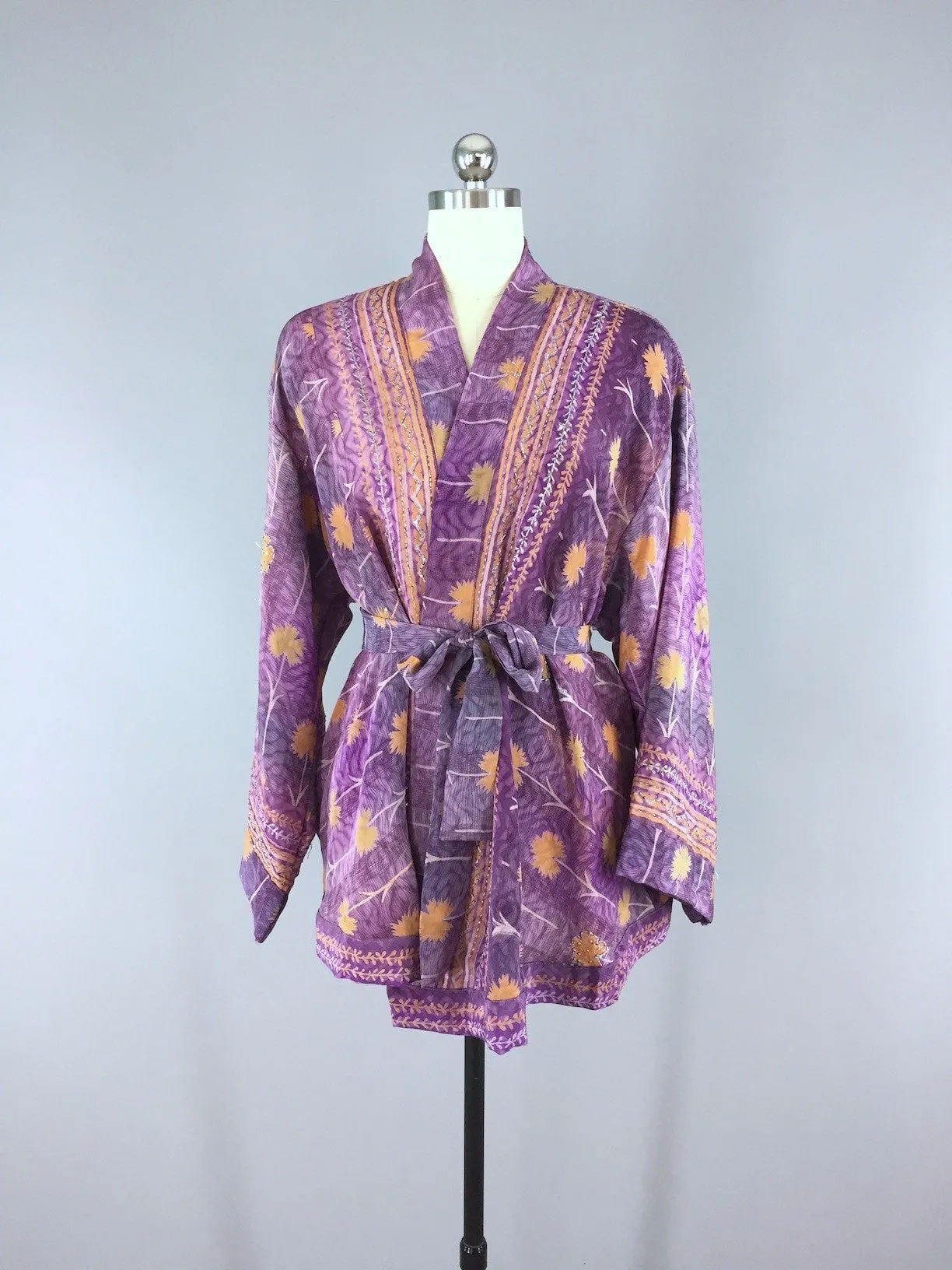 Silk Kimono Cardigan / Vintage Indian Sari / Purple & Orange Floral