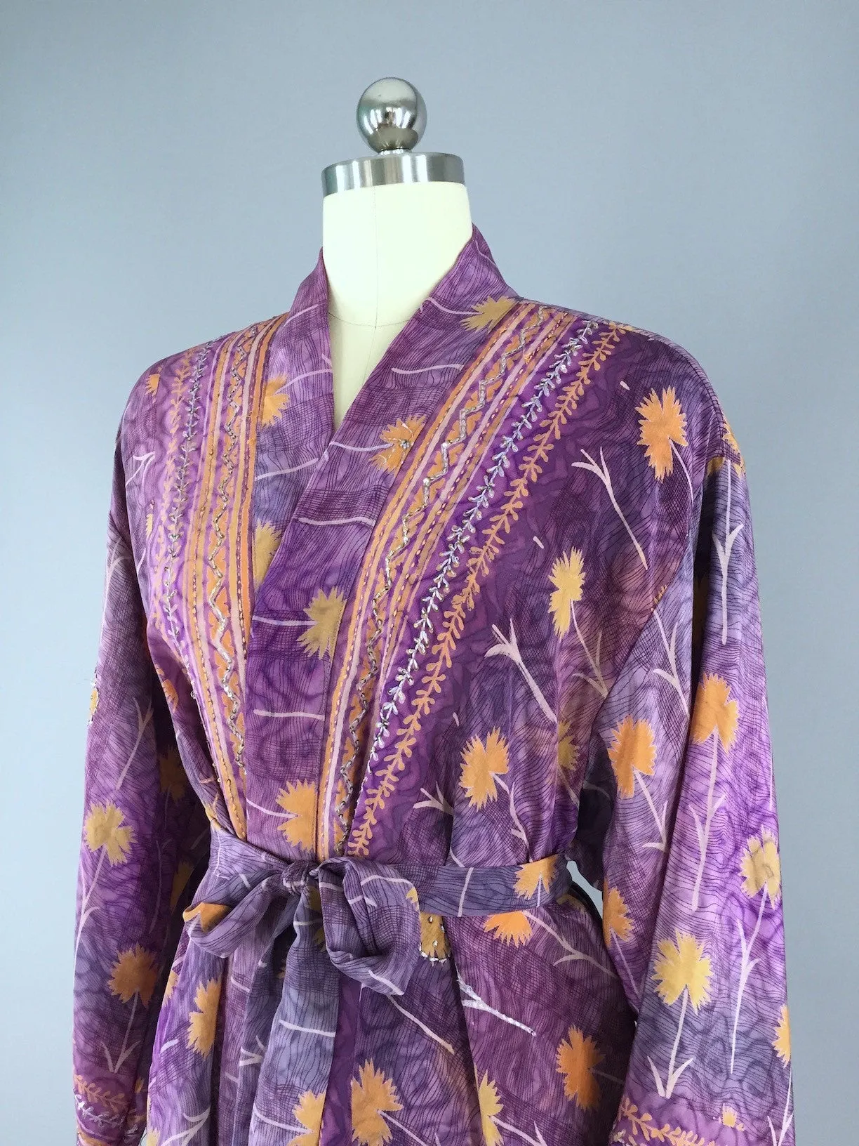 Silk Kimono Cardigan / Vintage Indian Sari / Purple & Orange Floral