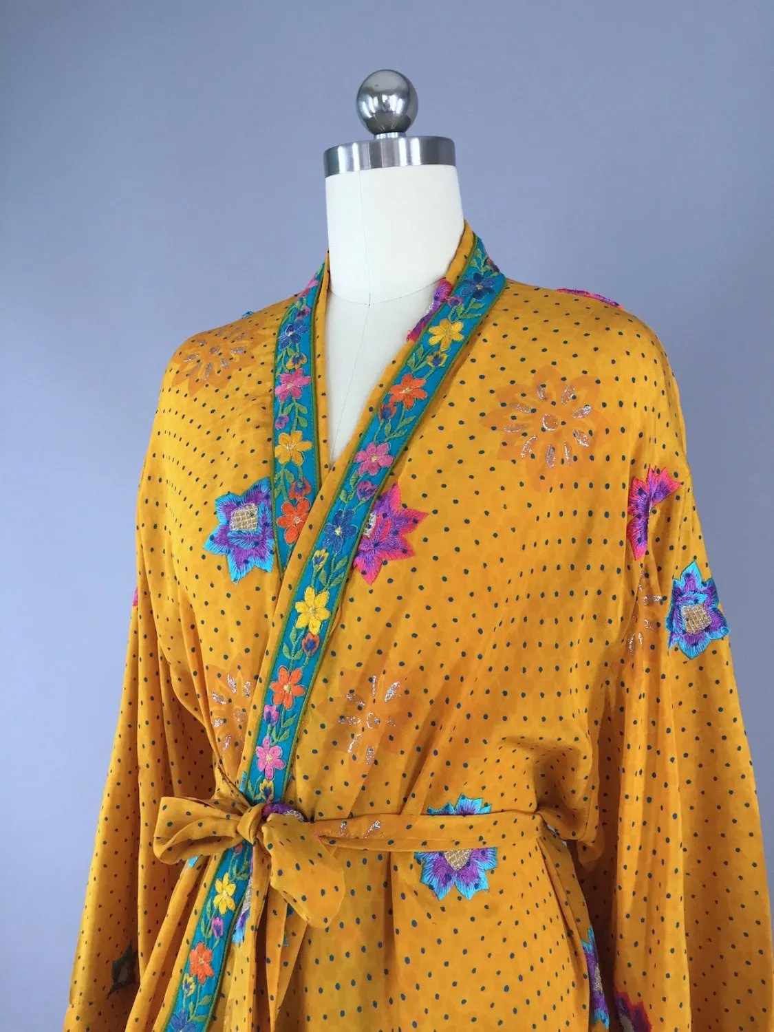 Silk Kimono Cardigan / Vintage Indian Sari / Yellow Floral Embroidery