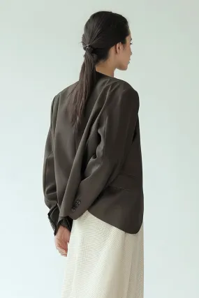 Single Breasted Blazer with Round Neckline - Dark Brown