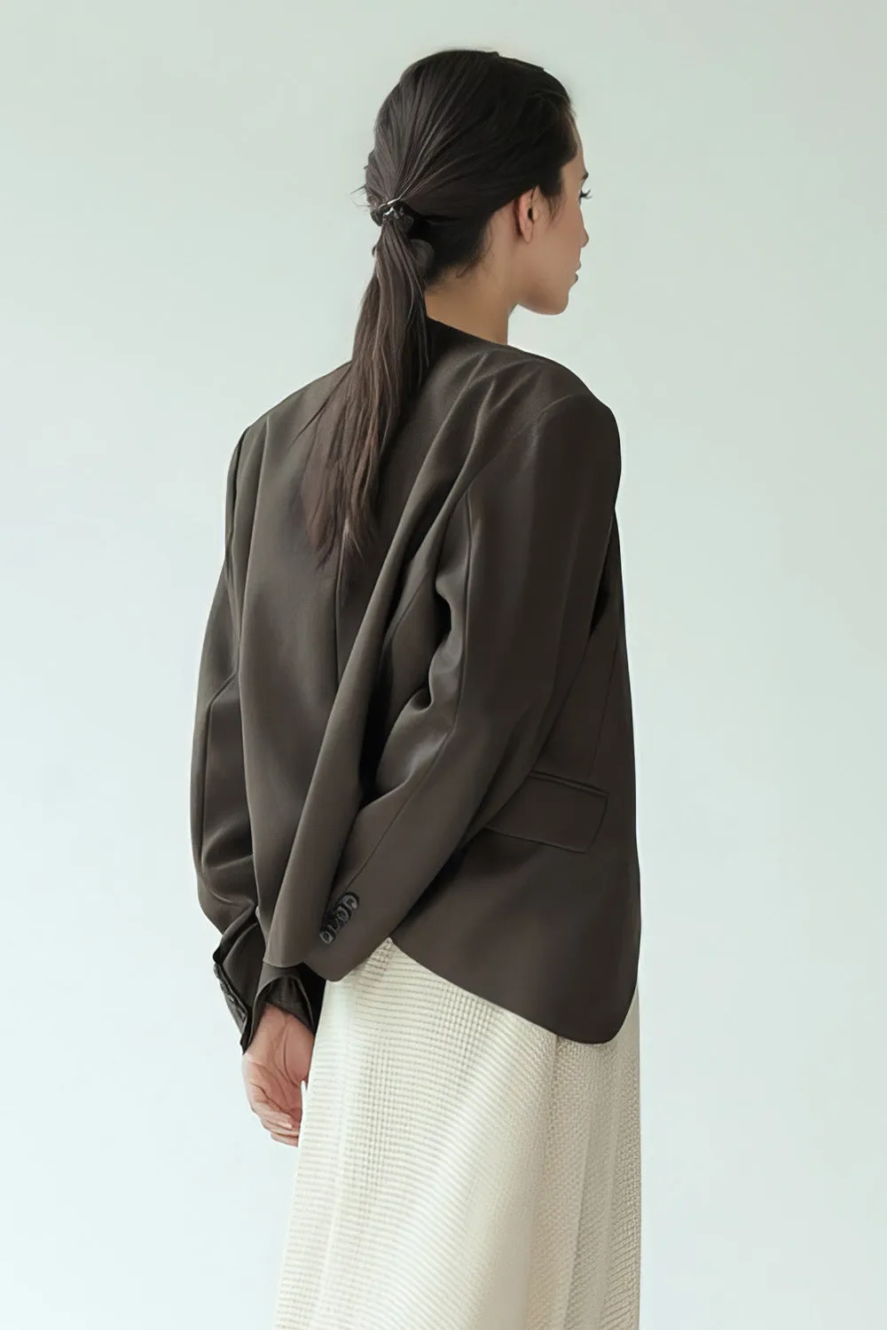 Single Breasted Blazer with Round Neckline - Dark Brown