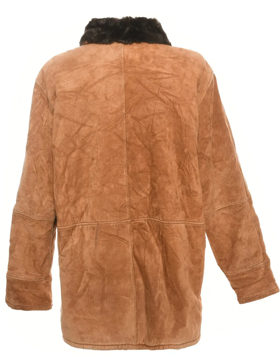 Single Breasted Suede Faux Sherling Coat - M