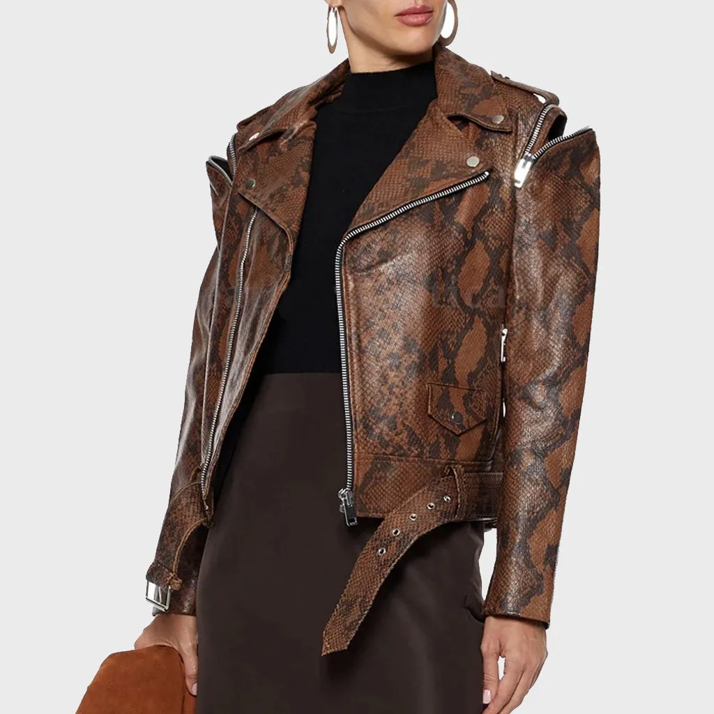 Snake Print Women's Leather Biker Jacket