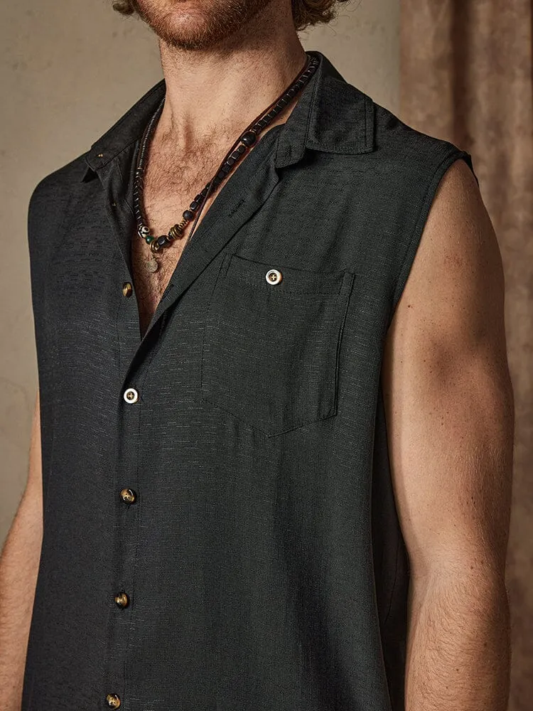 Solid Button Sleeveless Cotton Linen Casual Shirt