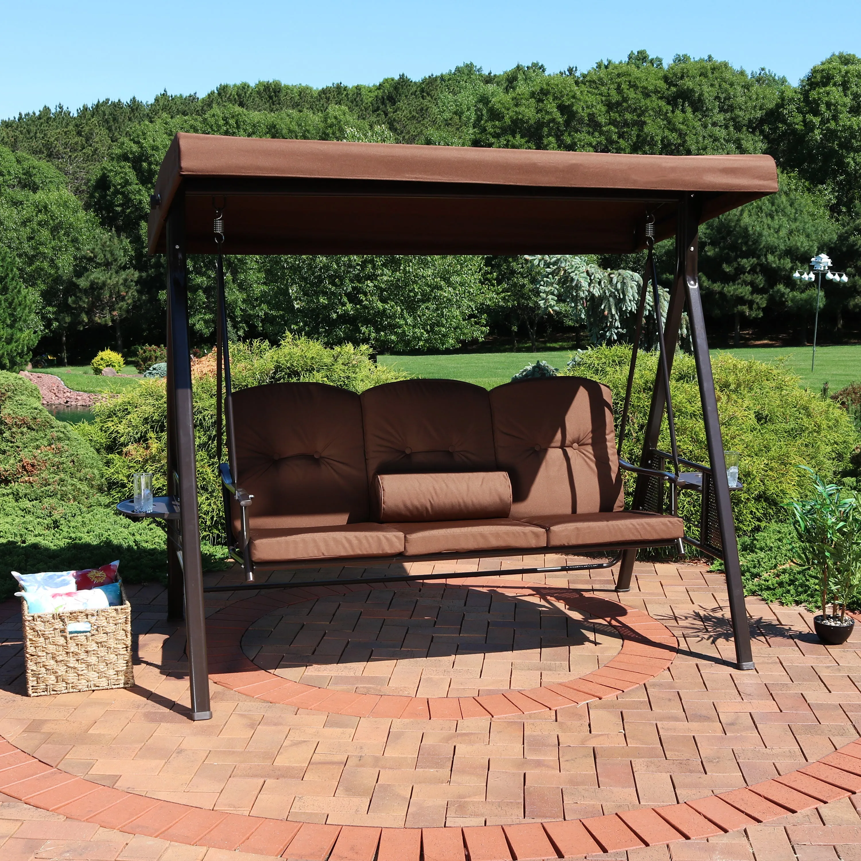 Sunnydaze 3-Person Patio Swing with Adjustable Canopy and Cushions