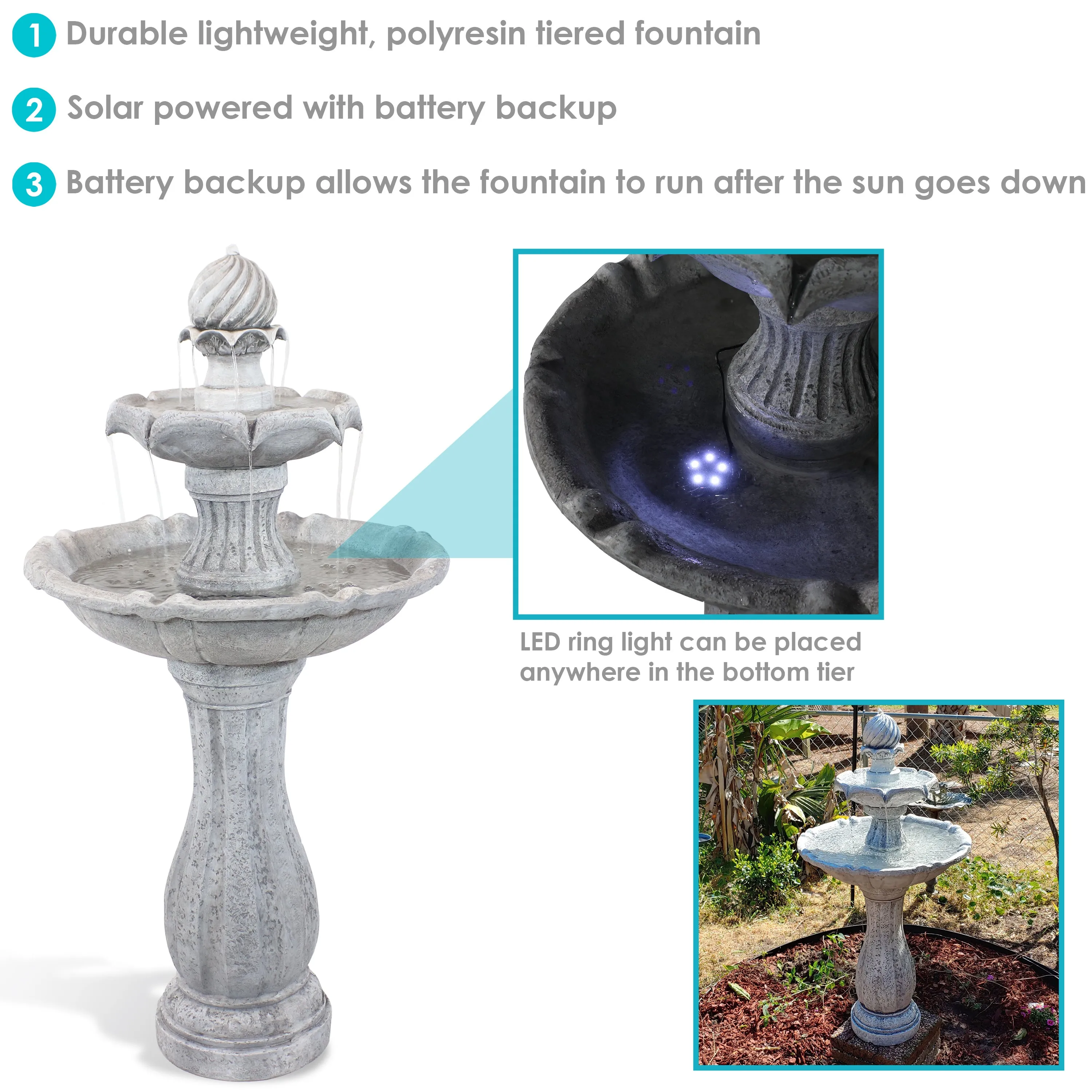 Sunnydaze 45" 2-Tier Arcade Solar Outdoor Water Fountain with LED