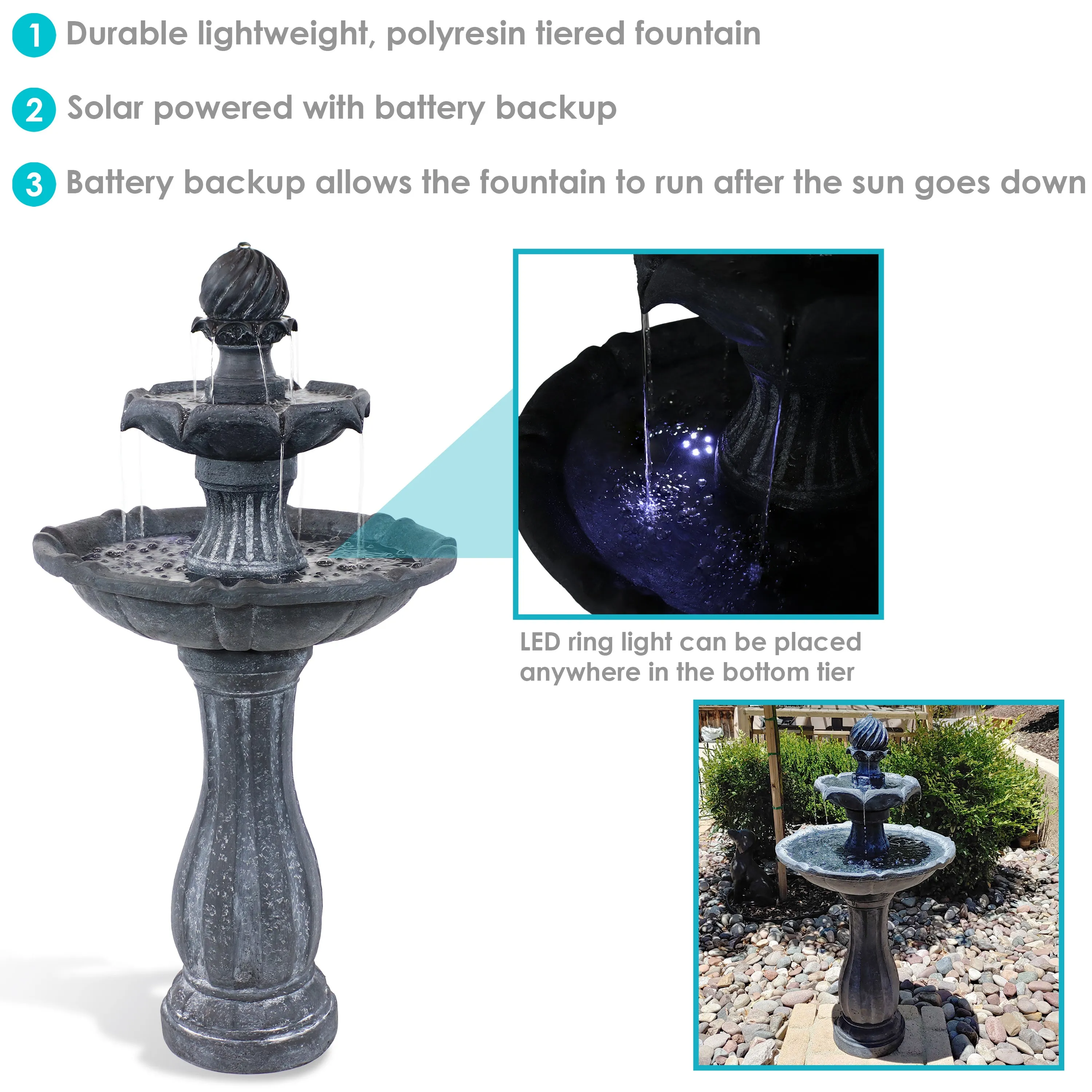 Sunnydaze 45" 2-Tier Arcade Solar Outdoor Water Fountain with LED