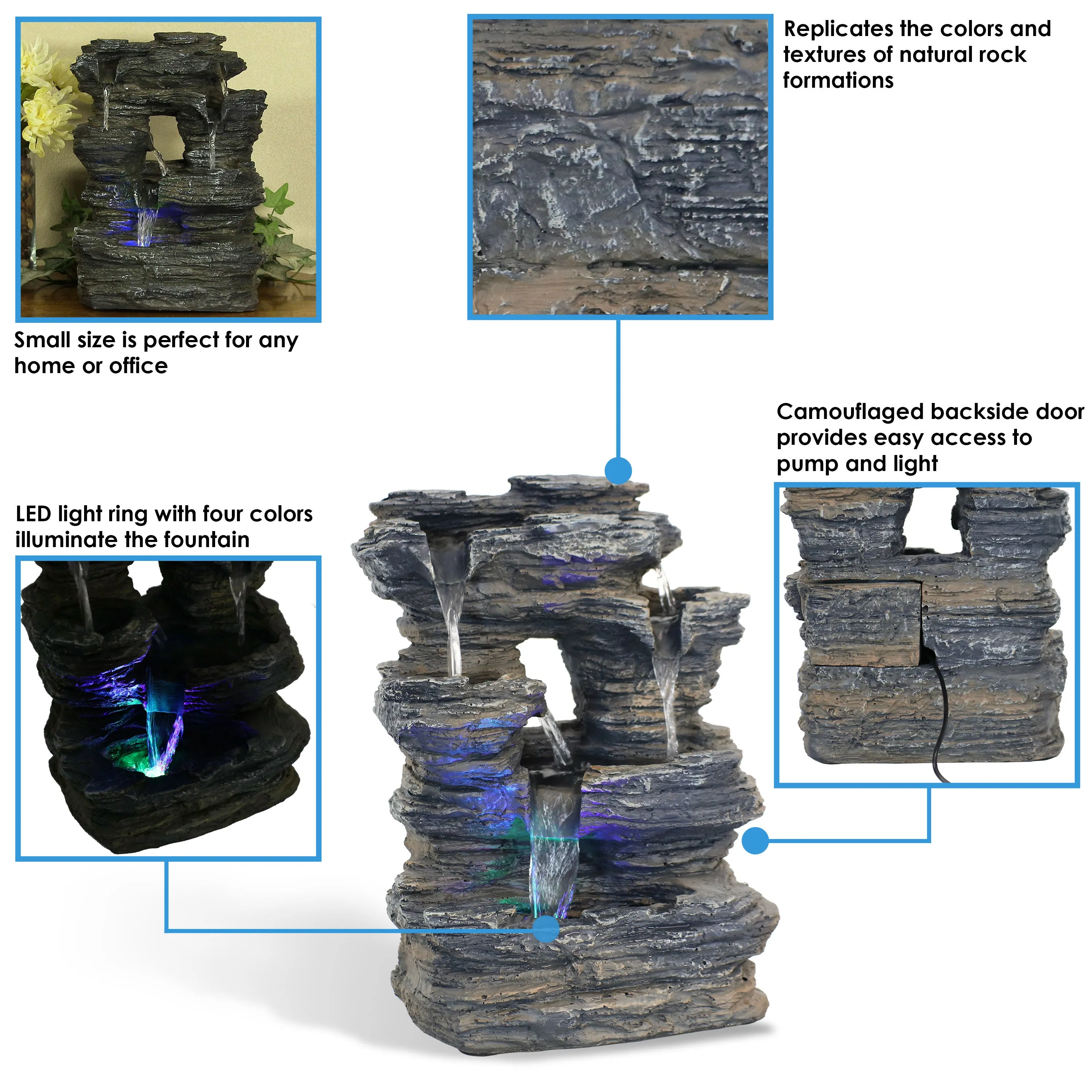 Sunnydaze Five Stream Rock Cavern Indoor Tabletop Water Fountain with LED Lights - 13"