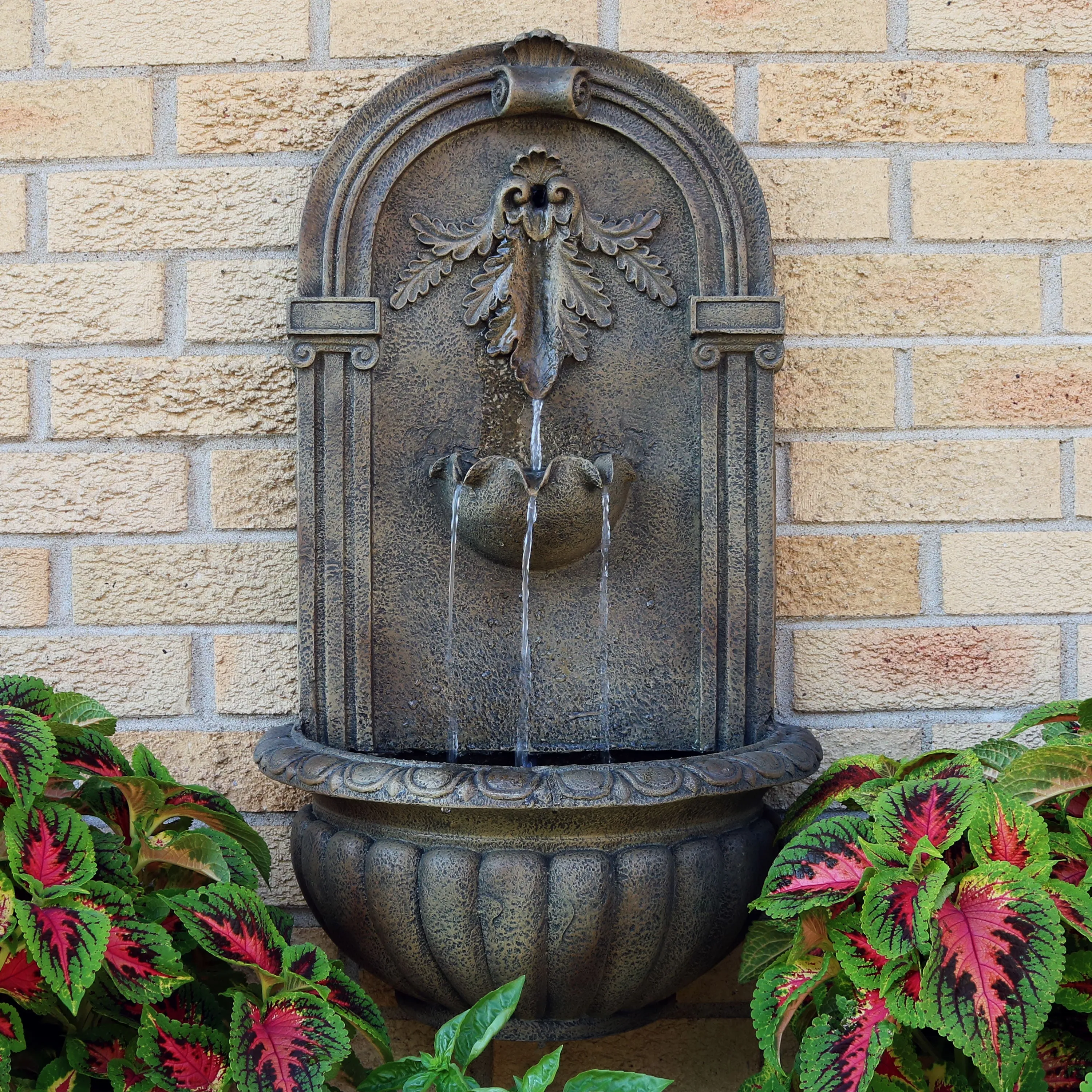 Sunnydaze Florence Solar Outdoor Wall Fountain - Battery Backup - Florentine