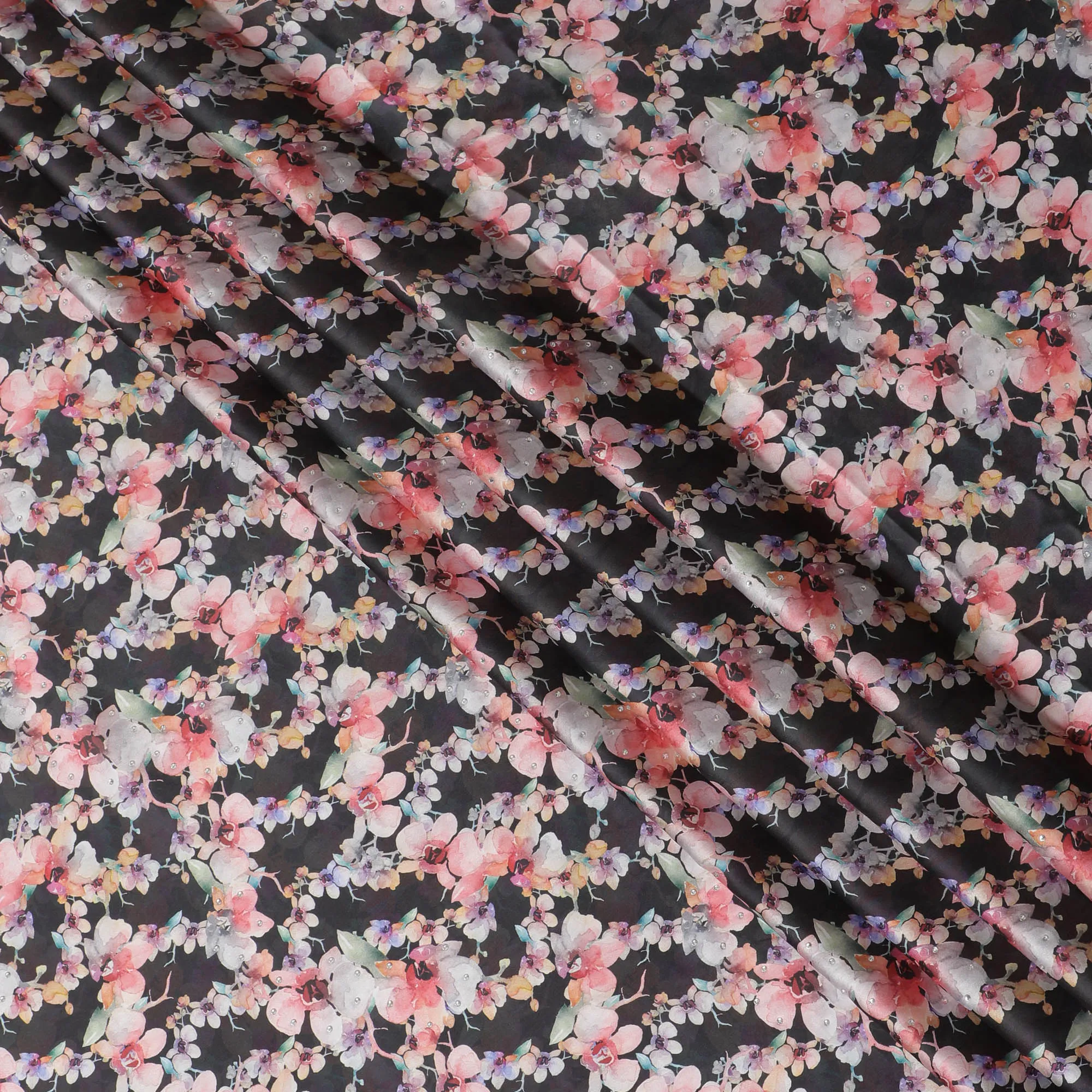 Synthetic Modal Satin Fabric with Stone Work, Vibrant Floral Design, Black, 110 cm Width-20031