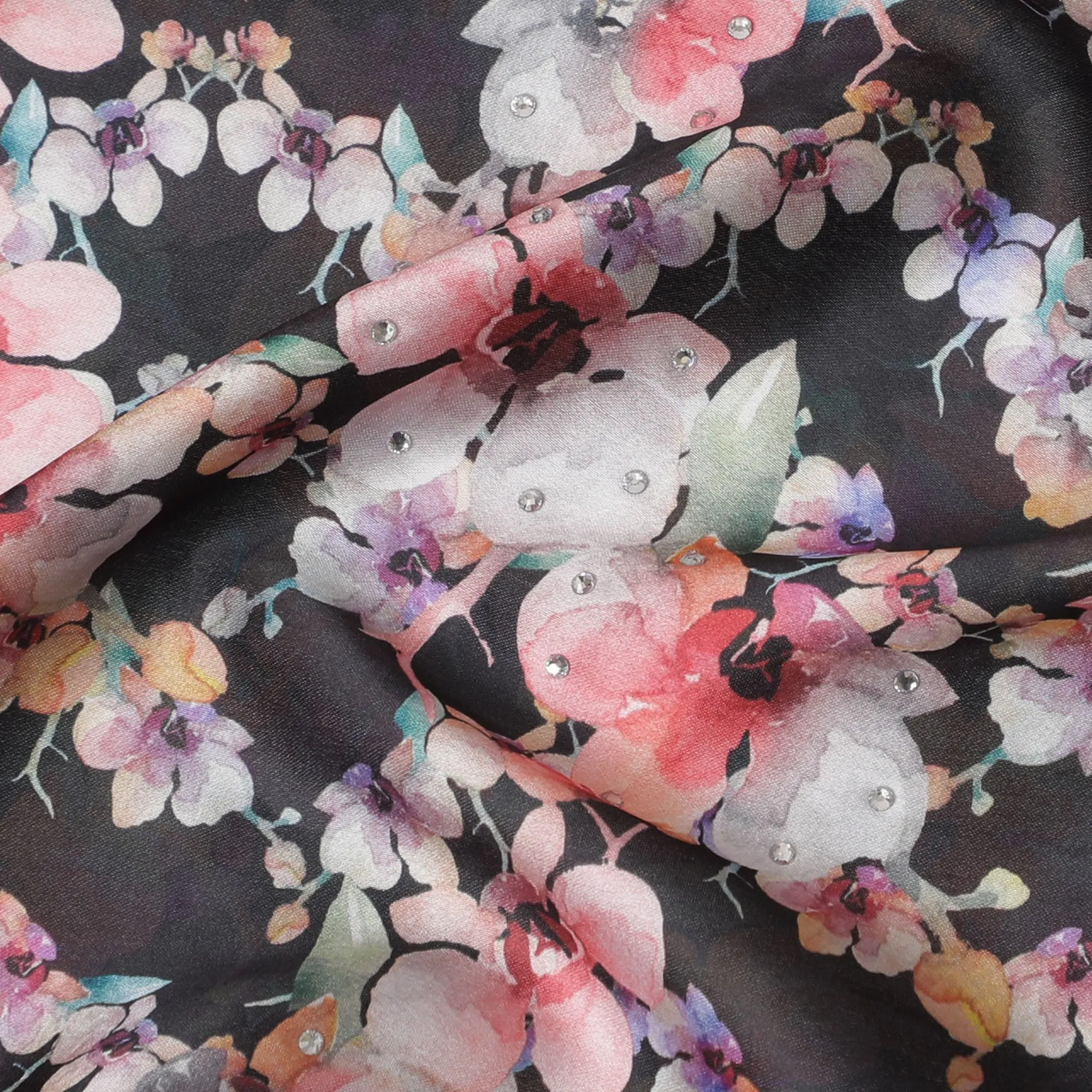 Synthetic Modal Satin Fabric with Stone Work, Vibrant Floral Design, Black, 110 cm Width-20031