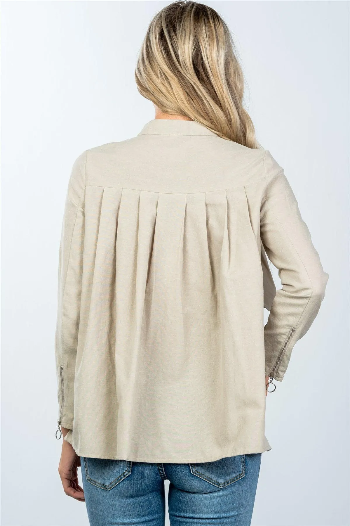 Taupe Layer Pleated Button Down Boho Top /2-2-2