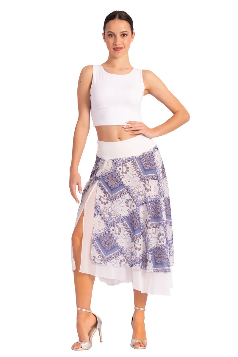 Two-layer Blue Mixed Print Georgette Dance Skirt