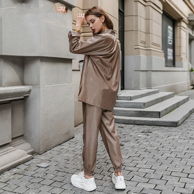 Two-piece leather jacket and leather pants