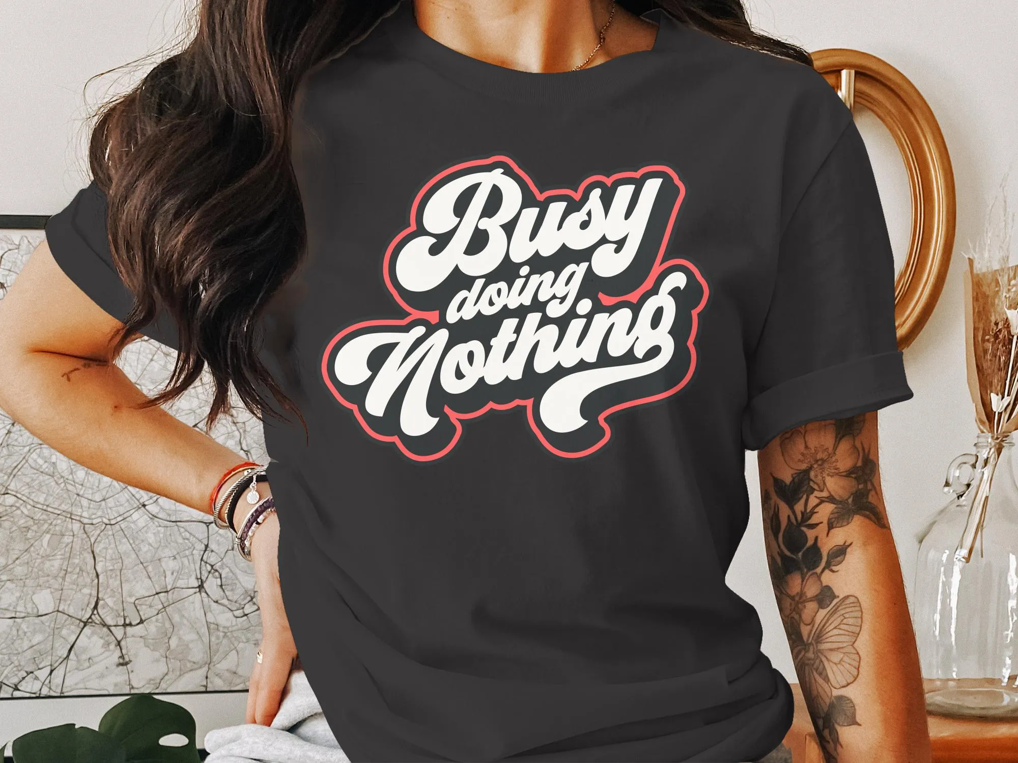 Unisex 'Busy Doing Nothing' T-Shirt, Casual Comfortable Tee, Black and White Typography, Relaxation and Lounge Wear, All Sizes