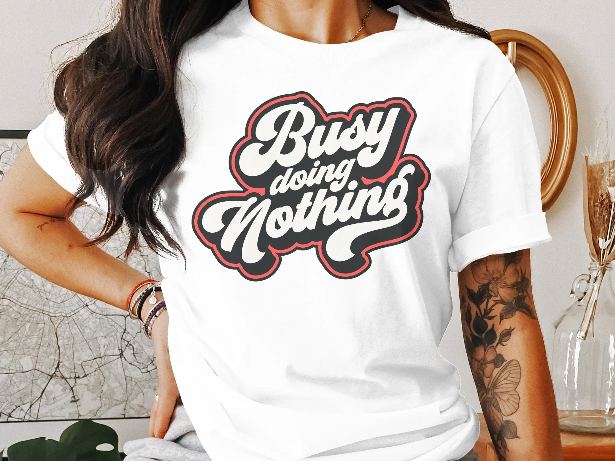 Unisex 'Busy Doing Nothing' T-Shirt, Casual Comfortable Tee, Black and White Typography, Relaxation and Lounge Wear, All Sizes