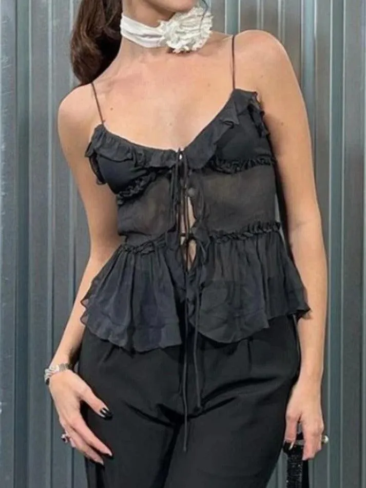 Uniwim ootd See Through Ruffled Trim Tie Up Cami Top