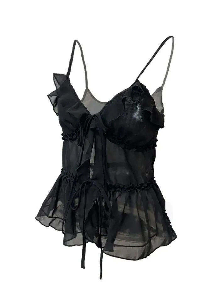 Uniwim ootd See Through Ruffled Trim Tie Up Cami Top