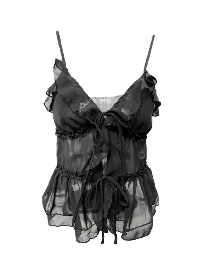 Uniwim ootd See Through Ruffled Trim Tie Up Cami Top